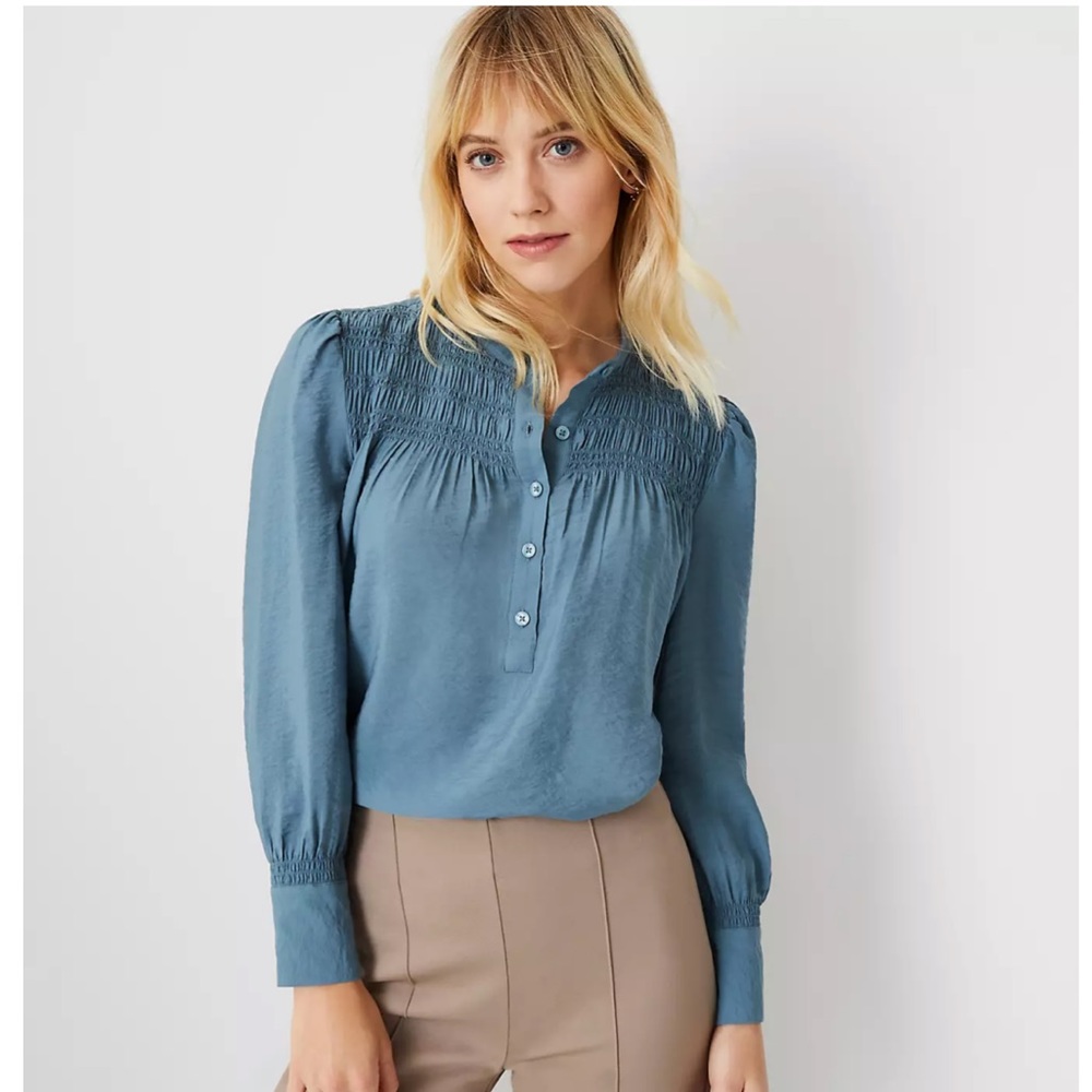 Women's Smocked Yoke Button Front Blouse - Blue